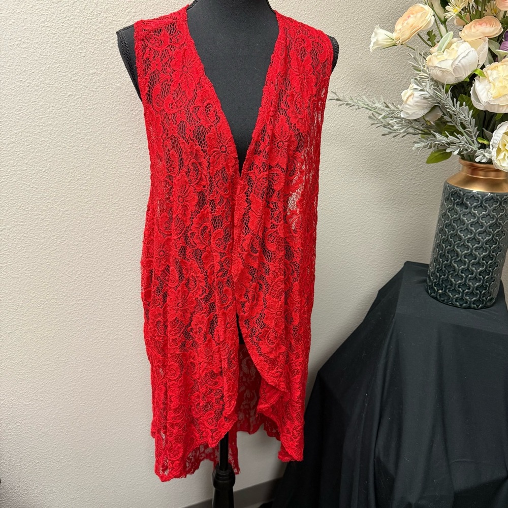 L&B Lucky & Blessed Red Lace Open Front Drape Vest Boho Layering Kimono - Picture 1 of 6